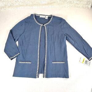 Alfred Dunner Womens Cardigan Sweater Blue Geometric Trim Pockets Open Front M